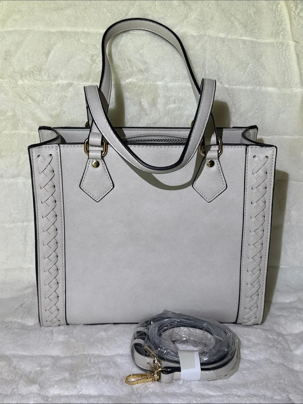 Jen & Co Light Gray/Stone Tote Bag with Braided Trim and crossbody strap